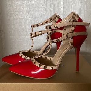Red Pointy Studded Heels